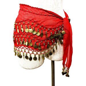 Red Belly Dance Hip Scarf with Gold Coins